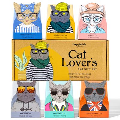 Thoughtfully Gourmet Cat Lover's Tea Gift Set: Includes 24 Teas in 6 Flavors with Stylish Cat Art and Fun Quotes for Cat Moms and Dads, Set of 24