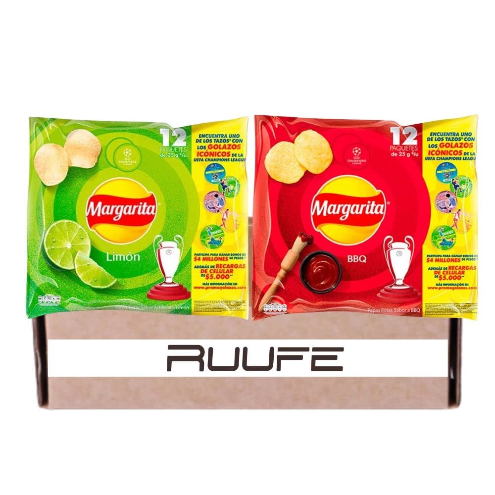 Papas Margarita (24 pack) Crunchy Potato Chips lemon & BBQ Flavor Papitas Margarita de Limon y BBQ mecato Colombiano Colombian Snacks Colombians chips