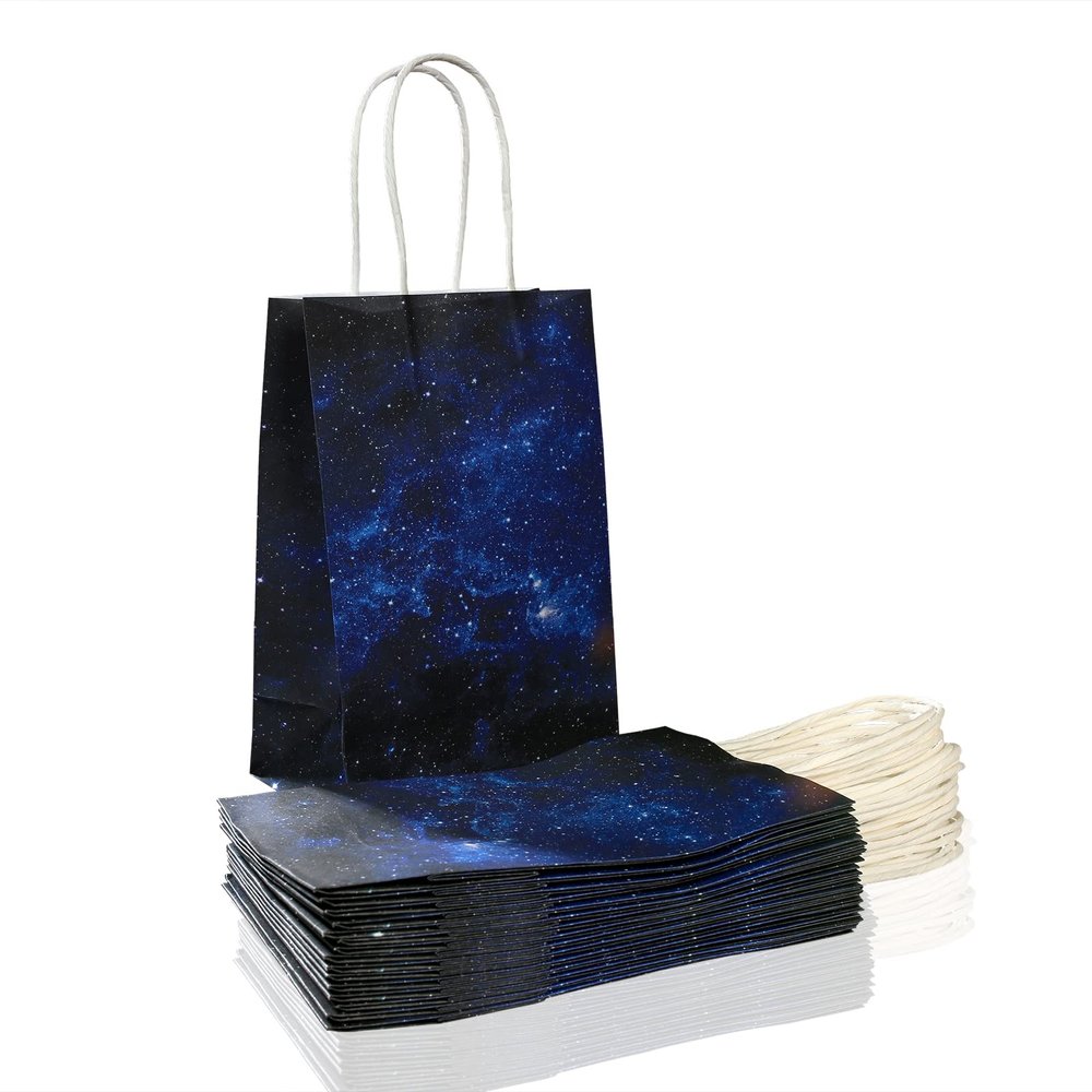 16 Pieces Galaxy Party Space Gift Bags with Handles Kraft Paper Galaxy Gift Bags Starry Night Party Gift Goodie Bags Galaxy Treat Candies Bags Space Stars Theme Party Supplies for Birthday Home Decorations