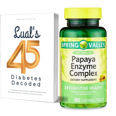 Spring Valley Papaya Enzymes Chewable 180 Count, Support Helps Digestion and Nutrient Absorption, Enzymes for Digestion, Dietary Supplement Bundle with Lual's 45 Diabetes Decoded