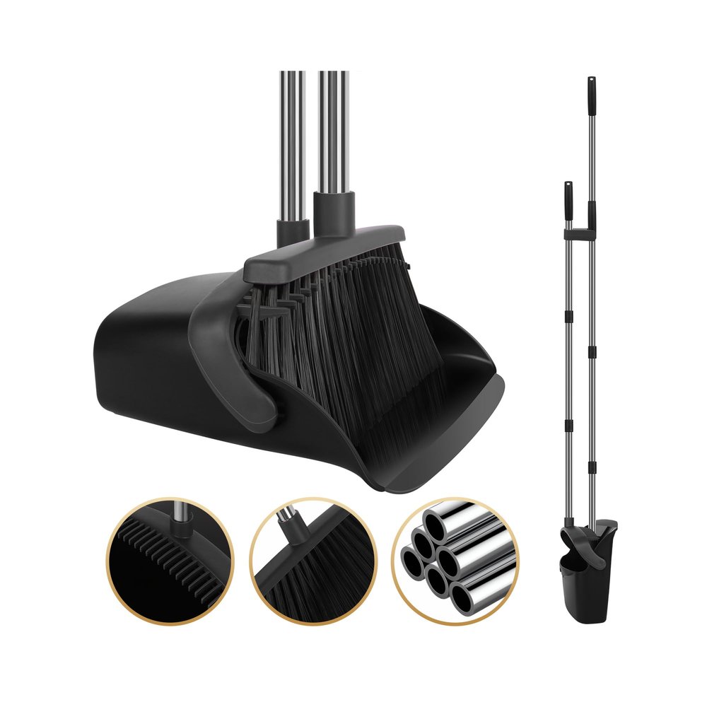 Upgraded Broom and Dustpan Set, 55" Long Handle Black Large Broom with Dustpan Combo SetSelf Cleaning Dustpan for Lobby Kitchen Office Restaurant