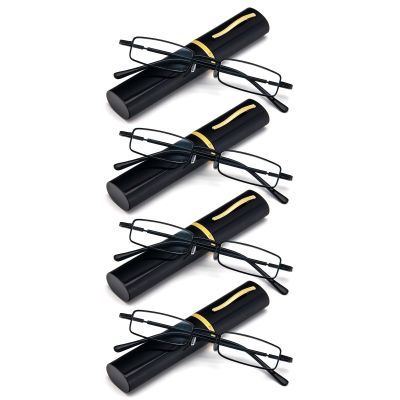 REAVEE 4 Pair Slim Pen Reading Glasses Tube Reader Glasses Men Women Small Readers Spring Hinged Eyeglasses with Portable Clip Case, Black 3.25