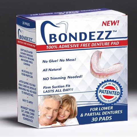 Bondezz Adhesive Free Denture Pads | Lower Denture | 30 Pack | Secure & Comfortable Fit | No Glue/No Mess | All Day Suction | Denture Glue Alternative | Safe, Natural & Non-Toxic
