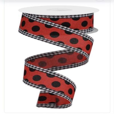 10 Yards 1.5in Wired Red with Black Polka Dots Faux Burlap Gingham Edge Ribbon