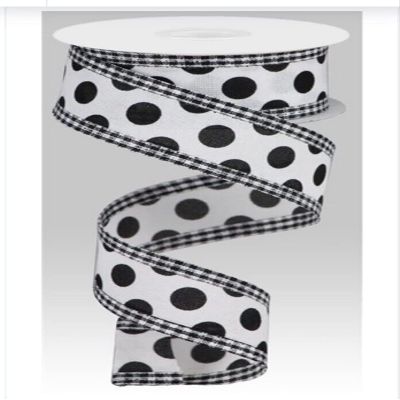 10 Yards 1.5in Wired White with Black Polka Dots Faux Burlap Gingham Edge Ribbon