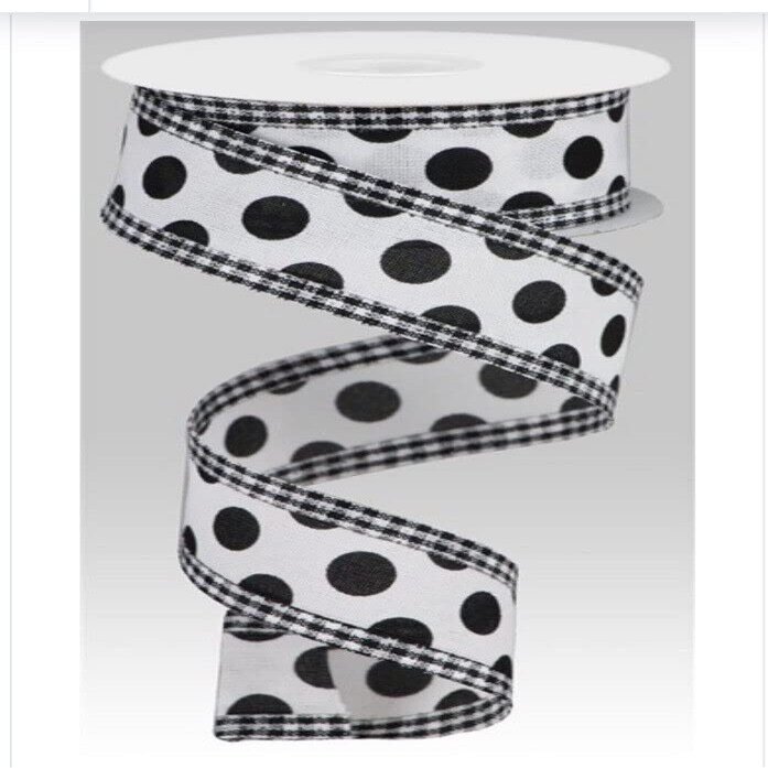 10 Yards 1.5in Wired White with Black Polka Dots Faux Burlap Gingham Edge Ribbon