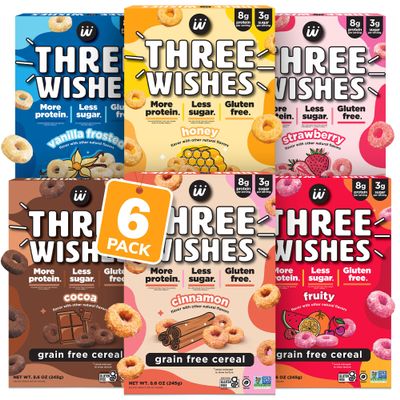 Three Wishes Grain-Free & Protein Cereal - Healthy, Low Sugar & Gluten-Free Breakfast Cereal - Low Carb, Plant-Based, Vegan & Non-GMO - Variety 6-Pack