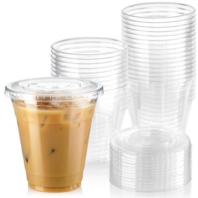Fit Meal Prep 500 Pack 12 oz Clear Plastic Cups with Flat Lids, Disposable Iced Coffee Cups, BPA Free Premium Crystal Smoothie Cup for Party, Lemonade Stand, Cold Drinks, Juice, Milkshake