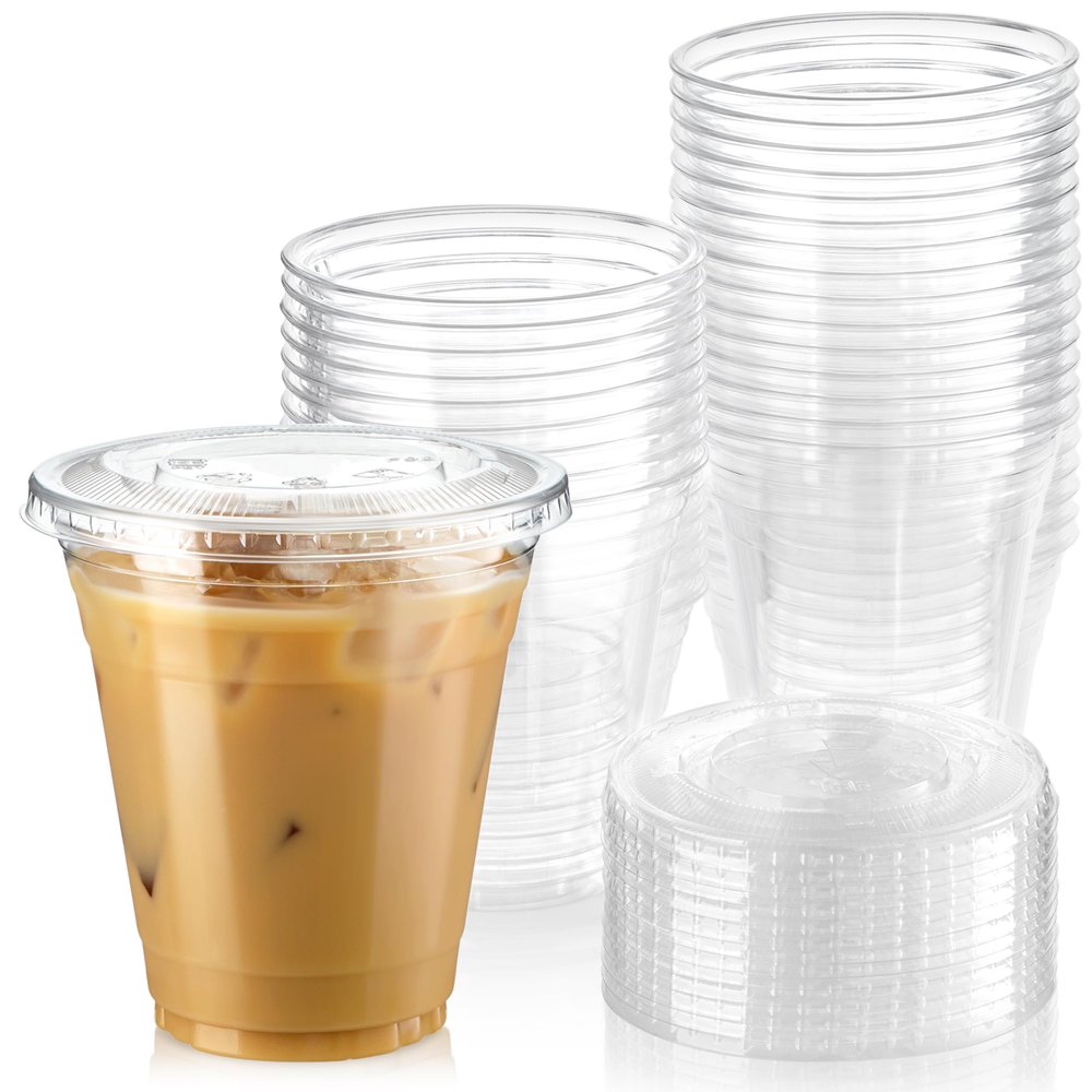 Fit Meal Prep 500 Pack 12 oz Clear Plastic Cups with Flat Lids, Disposable Iced Coffee Cups, BPA Free Premium Crystal Smoothie Cup for Party, Lemonade Stand, Cold Drinks, Juice, Milkshake