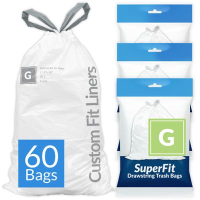 Reli. SuperFit Code G (60 Count) | Compatible with Simplehuman Code G | Dispenser Pack Custom Fit Liners | Drawstring Trash Bags | 30 Liter / 8 Gallon | White