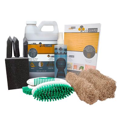 TeakGuard Teak Cleaning Supplies Bundle Featuring 64oz Teak Brightener and Finish, Super Cleaner 8 oz, Wood Scrub Brush, Foam Brushes & Bronze Wool, Water-Based & Safe