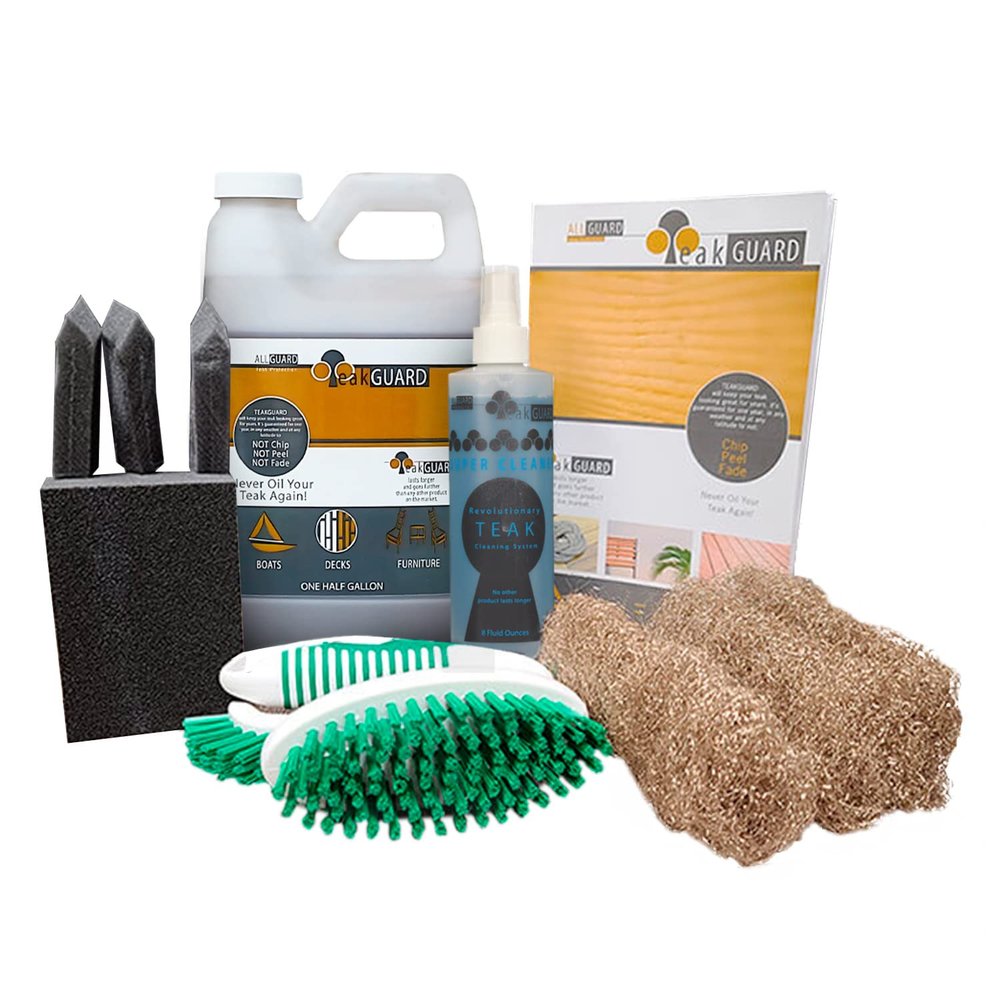TeakGuard Teak Cleaning Supplies Bundle Featuring 64oz Teak Brightener and Finish, Super Cleaner 8 oz, Wood Scrub Brush, Foam Brushes & Bronze Wool, Water-Based & Safe
