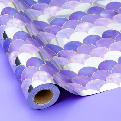 MAYPLUSS Purple Birthday Wrapping Paper Roll, Mermaid Wrapping Paper, Reversible Glitter Mermaid Scale Purple Gift Wrap with Metallic Foil for Girl Birthday Christmas Baby Shower (17 Inch X 33 Feet)