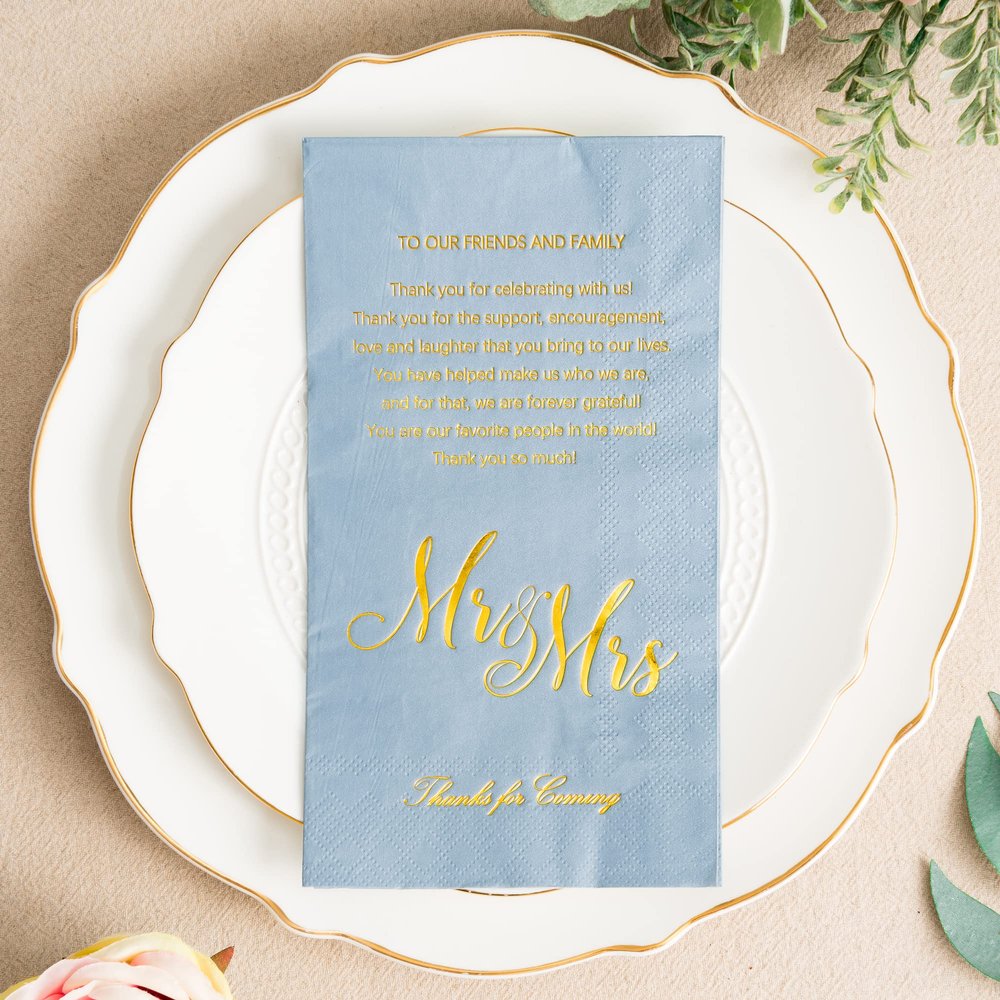 Crisky Dusty Blue Wedding Napkins Mr & Mrs Dinner Napkins Replace Thank You Card Disposable Decorative Towels for Wedding Shower Banquet Rehearsal Dinner Decorations, 100 Pcs, 3-ply, 12"x16"
