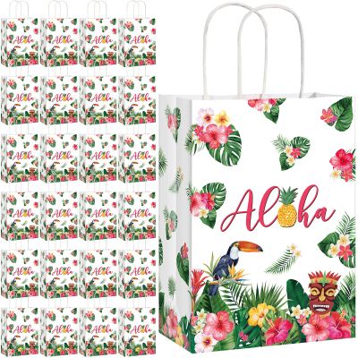 Pajean 32 Pack Hawaiian Gift Bag Luau Party Summer Tropical Palm Leaf Paper Bag with Handle for Candy Treat Summer Tropical Aloha Festival Hawaiian Luau Holiday Party Supplies Favor
