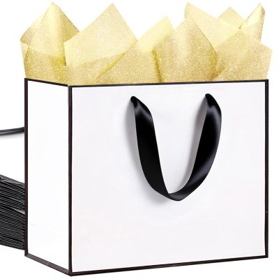 SHIPKEY White Gift Bags with Tissue Paper, 12 Pack Large White Paper Bags 12.5x4.5x11'' with Handles, Elegant Reusable Gift Bags for Wedding, Birthday, Party Wrapping