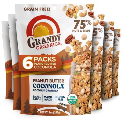 Grandy Organics Peanut Butter Coconola Granola, Gluten Free, Grain Free, Peanut Butter Granola with 5g Plant Based Protein, 9oz (Pack of 6)
