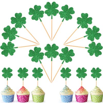 12Pcs St Patrick's Day Cupcake Toppers, Glitter Four Leaf Clover Cupcake Picks, Shamrock Cupcake Toppers, Lucky One Birthday Decorations Wedding Party Cake Decorations