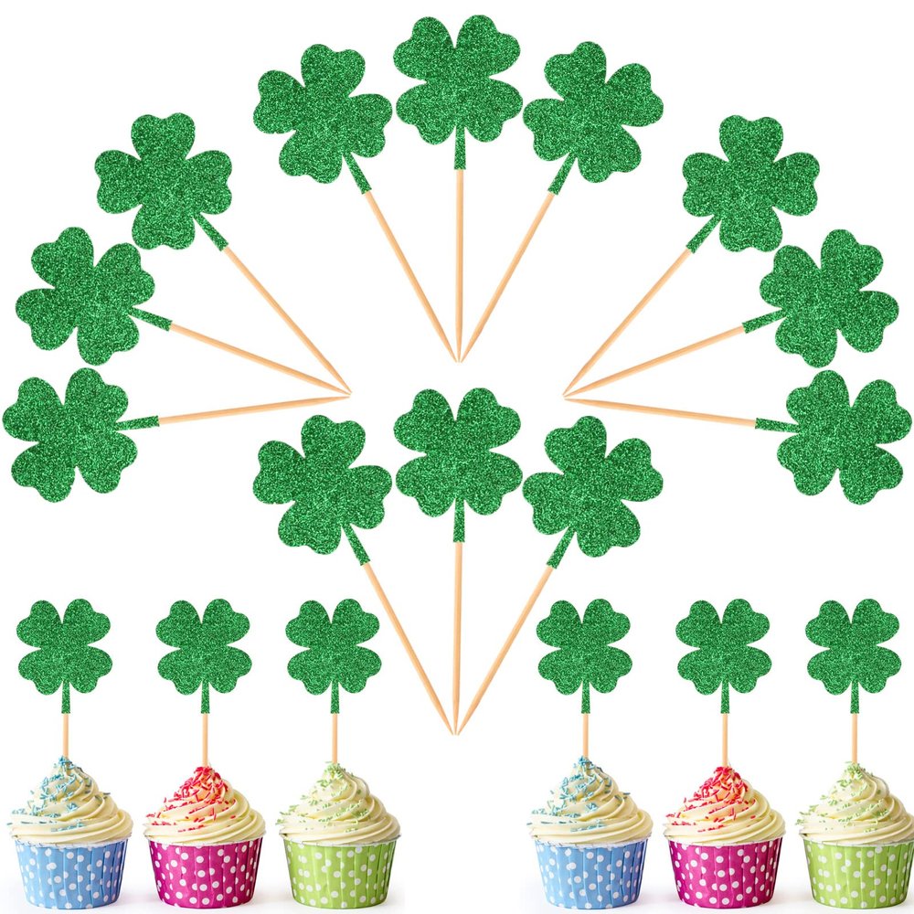 12Pcs St Patrick's Day Cupcake Toppers, Glitter Four Leaf Clover Cupcake Picks, Shamrock Cupcake Toppers, Lucky One Birthday Decorations Wedding Party Cake Decorations