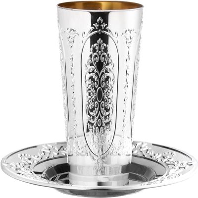 Kosherific Premium Regal Disposable Passover Kiddush Cups with Trays, 5.5oz (5 Count) | Elegant Silver-Colored Bechers | Heavy Weight | Perfect for Seder Table & Sabbath Getaways