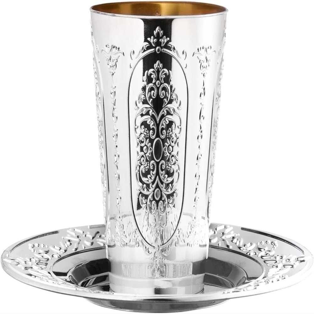 Kosherific Premium Regal Disposable Passover Kiddush Cups with Trays, 5.5oz (5 Count) | Elegant Silver-Colored Bechers | Heavy Weight | Perfect for Seder Table & Sabbath Getaways