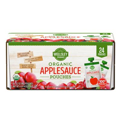 Wellsley Farms Organic Applesauce Pouches, 24-Pack (3.2 oz Each) 100% Real Fruit, No Sugar Added, Gluten-Free, Kosher, No Artificial Colors or Flavors Healthy On-the-Go Snack.