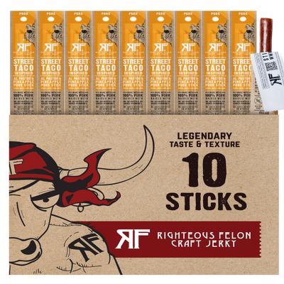 Righteous Felon Meat Sticks | 100% Pork Sticks | Keto, Gluten-Free, Low Sugar, High Protein Healthy Snacks | Valentines Day Jerky Gifts for Men | Street Taco Pork Sticks, 10 Count