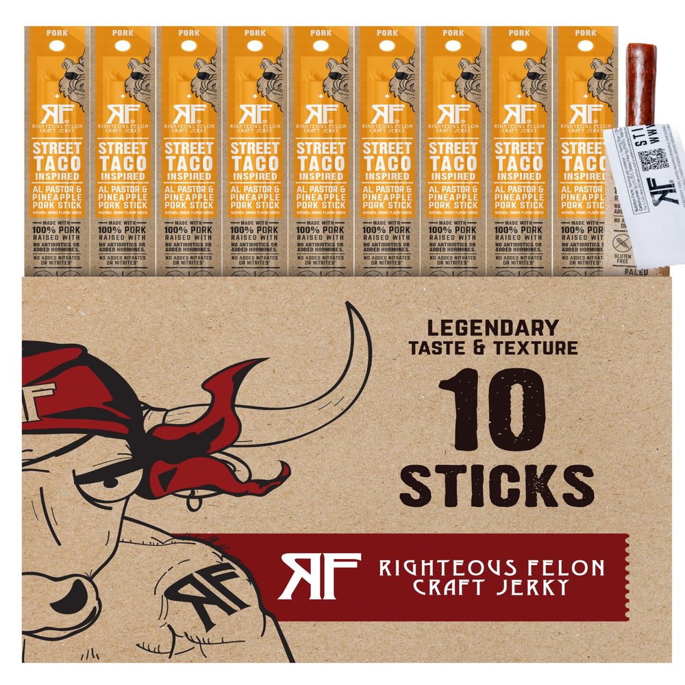 Righteous Felon Meat Sticks | 100% Pork Sticks | Keto, Gluten-Free, Low Sugar, High Protein Healthy Snacks | Valentines Day Jerky Gifts for Men | Street Taco Pork Sticks, 10 Count