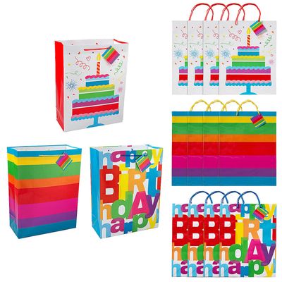 Fun Express 10" x 13" Large Happy Birthday Party Paper Gift Bags with Tags, 12Pieces