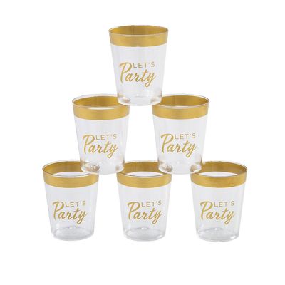Fun Express 50 Pieces Premium Gold-Trim Lets Party Shot Glasses, Holds 2 oz, BPA Free Plastic, Wedding Party Supplies, Clear & Gold
