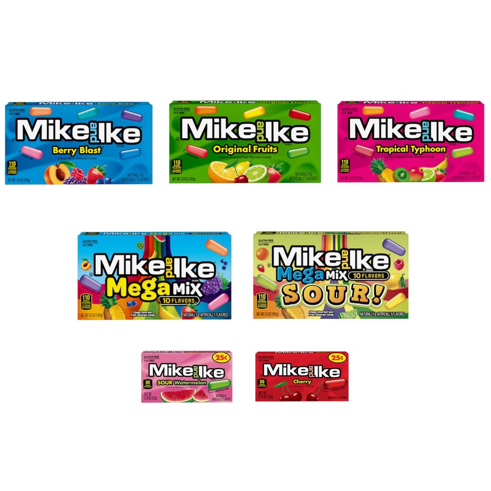Mike and Ike Candy Variety 7 Pack- Includes 5 Theater Boxes and 2 Mini Boxes- Mike and Ike Sour Mega Mix, Original, Tropical Typhoon, Berry Blast, and Mega Mix. Mini Boxes Include Sour Watermelon and Cherry.
