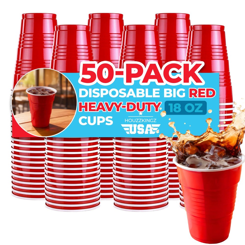 Supellectilem Red Plastic Disposable Cups - 18 Oz., 50 Ct. | Heavy Duty Large Party Cold Drink Plastic Cups Disposable