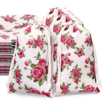16 Pcs 8 Inches Rose Drawstring Bags Flower Gift Bags Reusable Presents Bag Vintage Floral Goodies Bag Jewelry Pouches Sacks for Wedding Birthday Mother's Day Valentine Bridal Shower Spring Decoration