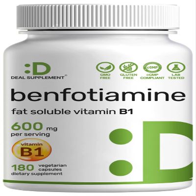 Benfotiamine 600mg Per Serving, 180 Veggie Capsules (300mg Per Cap)  Fat Soluble Vitamin B1 Thiamine Supplement  3rd Party Tested, Vegan, Non-GMO, Gluten Free