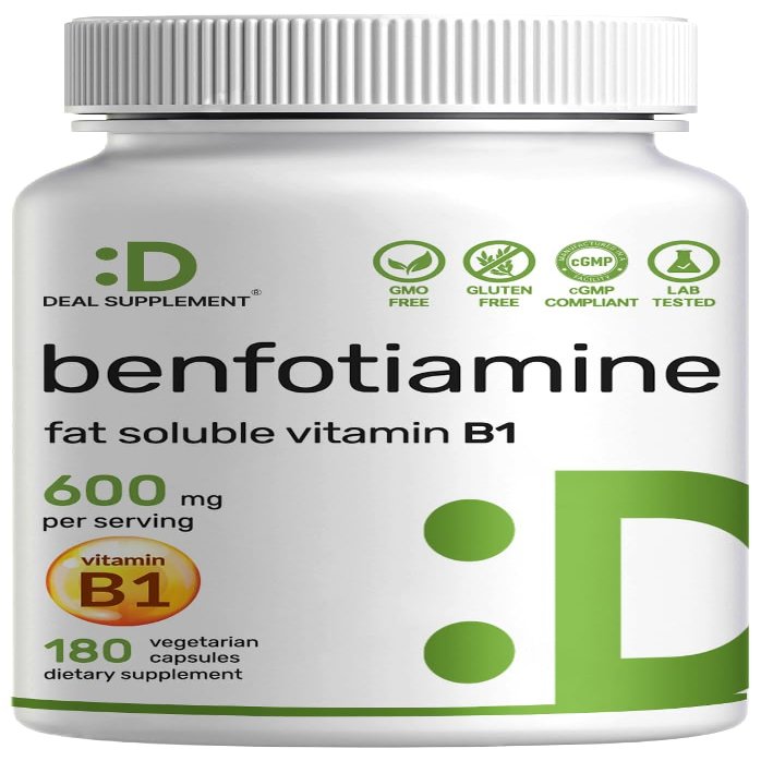 Benfotiamine 600mg Per Serving, 180 Veggie Capsules (300mg Per Cap)  Fat Soluble Vitamin B1 Thiamine Supplement  3rd Party Tested, Vegan, Non-GMO, Gluten Free