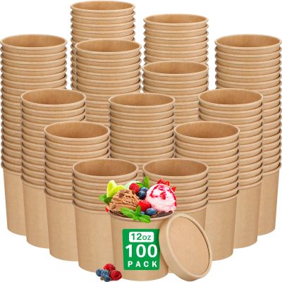 Irenare 100 Pcs 12 oz Ice Cream Paper Cups with Lids Disposable Dessert Bowls Hot Soup Containers Kraft Paper Food Containers for Valentine's Day Easter Cold and Hot Foods Sundae Yogurt(Brown,100 Pcs)