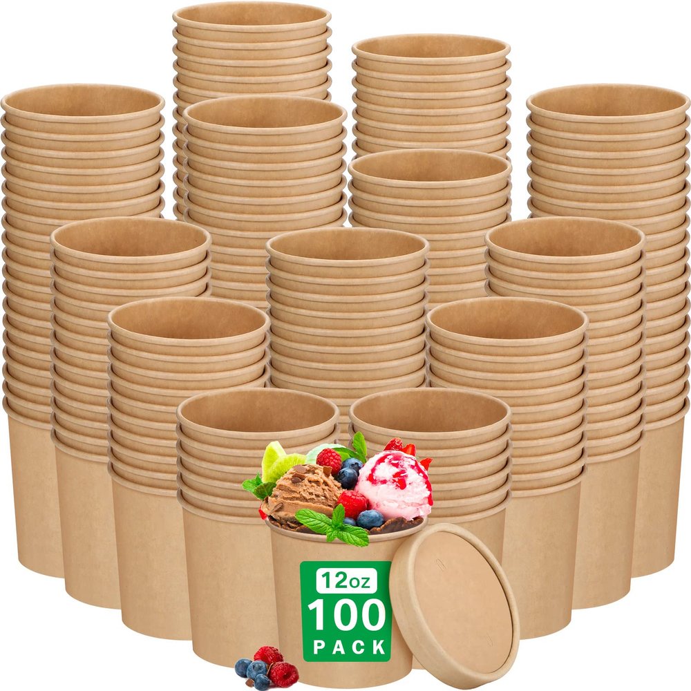 Irenare 100 Pcs 12 oz Ice Cream Paper Cups with Lids Disposable Dessert Bowls Hot Soup Containers Kraft Paper Food Containers for Valentine's Day Easter Cold and Hot Foods Sundae Yogurt(Brown,100 Pcs)