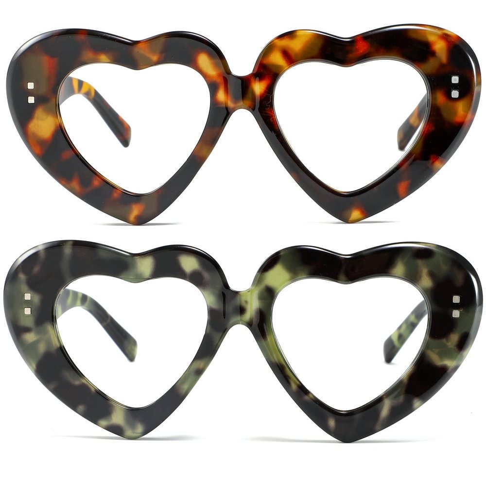 2Pack Vintage Heart-Shaped Crystal Bling Reading Glasses Women Rhinestone Eyewear Anti Blue Light Trendy Reader (2pcs-leopard&green flower, 3.5, multiplier_x)