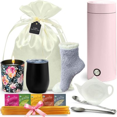 Tea Gift Basket for Women with Portable Kettle and Grippie Socks | Birthday Gift Set for Her, Mom,Wife, Co-Worker, Teacher Appreciation, Get Well