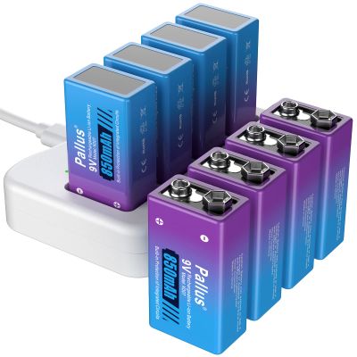 Pallus Rechargeable 9v Batteries with Charger, 8 Pack 850mAh Lithium Rechargeable 9 Volt Batteries for Smoke & fire Alarms,Cameras, Multimeter, Guitar,Walkie Talkies, and Other Devices