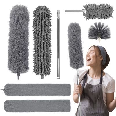 Microfiber Feather Duster, 7-Piece Set of Retractable Cleaning Dust Remover Combination for High Ceiling, Ceiling Fan, Spider Web (Gray) Gap Dust Remover