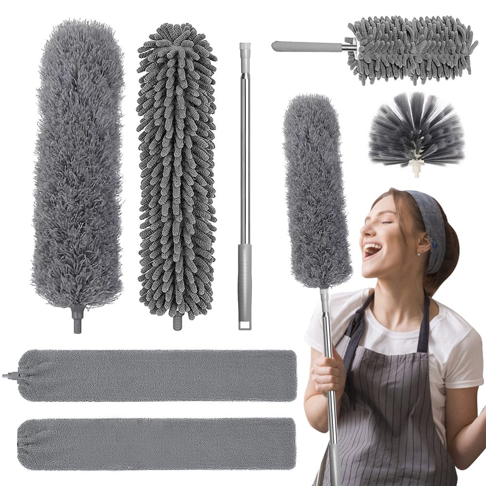 Microfiber Feather Duster, 7-Piece Set of Retractable Cleaning Dust Remover Combination for High Ceiling, Ceiling Fan, Spider Web (Gray) Gap Dust Remover