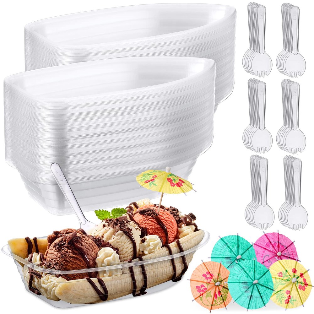 50 Set Disposable Banana Split Boats 12 oz with Plastic Sporks and Paper Umbrellas Clear Ice Cream Sundae Bowl Set for Parties, Concession Stands, Restaurants and Bakeries Serving Sauces Candy Salad