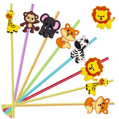 24pcs Reusable Forest Animals Crazy Straws, Drink Cocktail Straws for Lion Fox Zebra Giraffe Safari Birthday Party Supplies Favors, Woodland Party Favors with 2 Cleaning Brushes 6 Colors