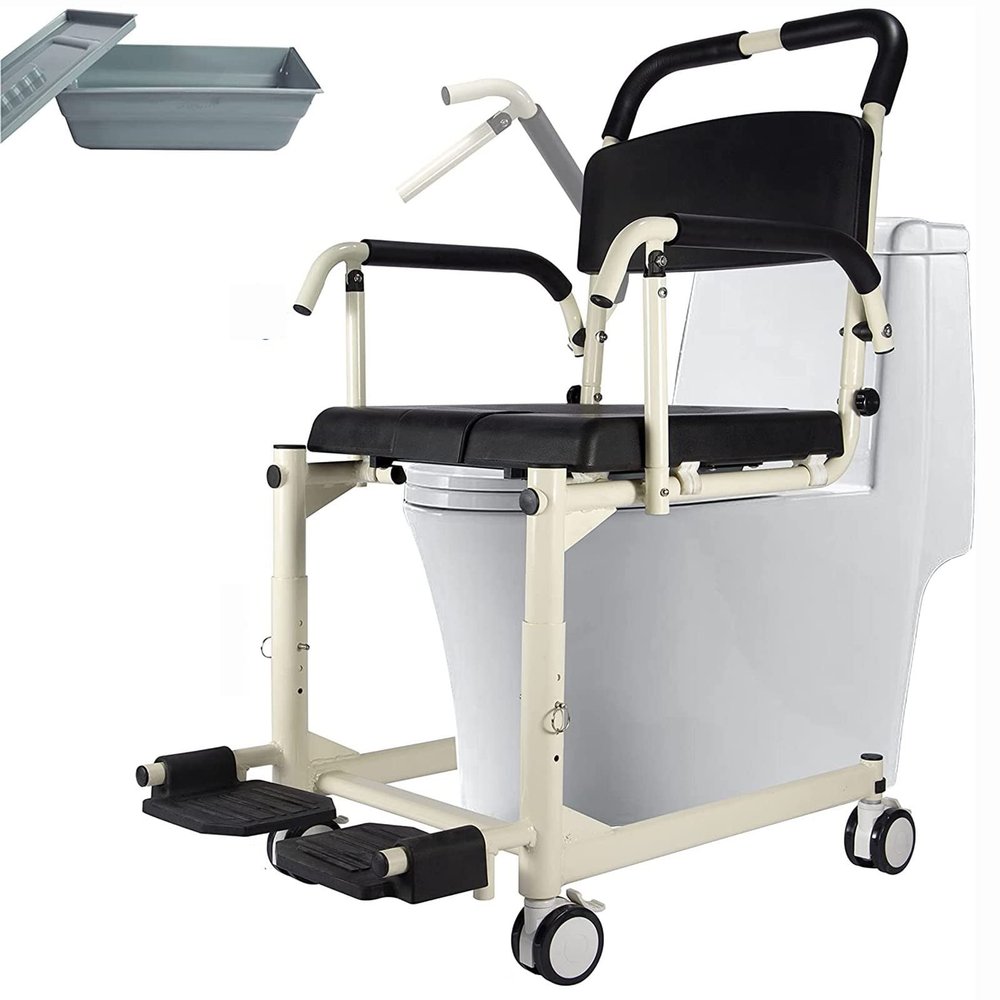 BLOHDI Shower Chair with Wheels, Adjustable Height Shower Wheelchair, Rolling Shower Chair with Flip Armrests for Easy Transfer of The Elderly and Disabled, Can Bear 380 IBS