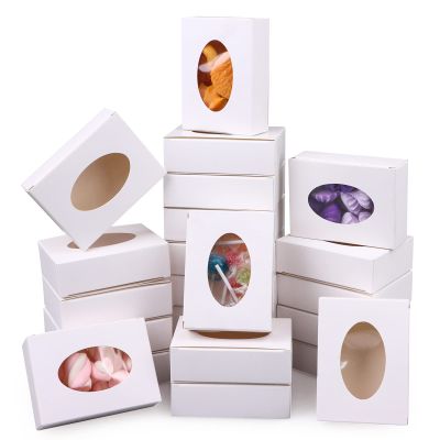 PINKXHY 100 PCS Mini Kraft Paper Box with Window Round Soap Packaging Boxes Craft Cardboard Present Box for Homemade Soap Favor Treat Bakery Candy, 3.8 x 2.8 x 1.2 Inch (White)