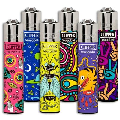 Clipper - Classic Large Reusable Lighter - Iconic Premium Refillable Lighters Bulk Pack - Replace Butane, Flint for Unlimited Lights - 6 Pack - Designs and Colors Will Vary (6)