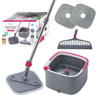 True & Tidy SPIN-800 TrueClean Mop and Bucket System Self Wringing Spin Mop with Separate Compartments for Clean and Dirty Water (Pink)