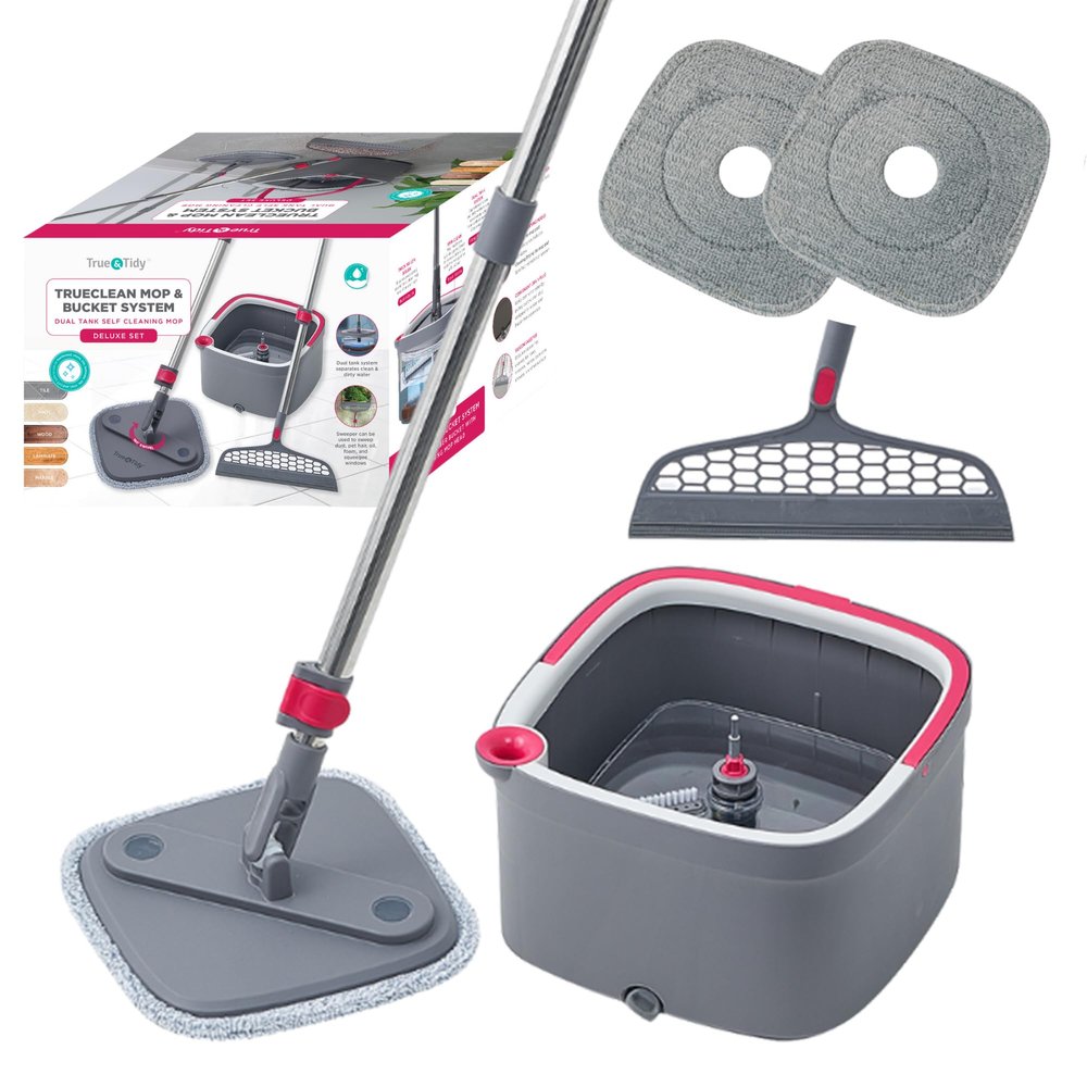 True & Tidy SPIN-800 TrueClean Mop and Bucket System Self Wringing Spin Mop with Separate Compartments for Clean and Dirty Water (Pink)