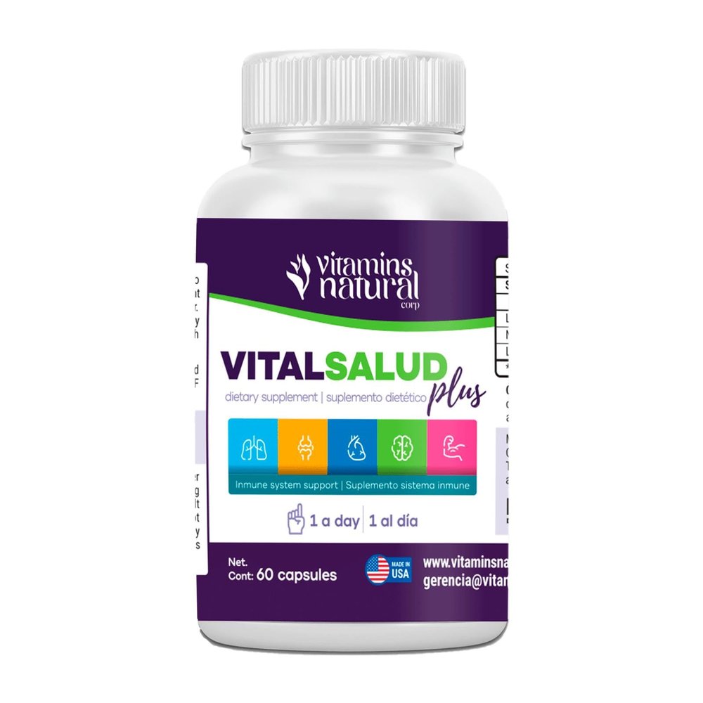 VITAMINS NATURAL CORP-Vital Salud Plus-Organic Immune System Support Supplement with Nopal Cactus, L-Carnitine Base-Supports Bone Health, Reduces Varicose Veins, Improve Skin Appearance (60 Capsules)
